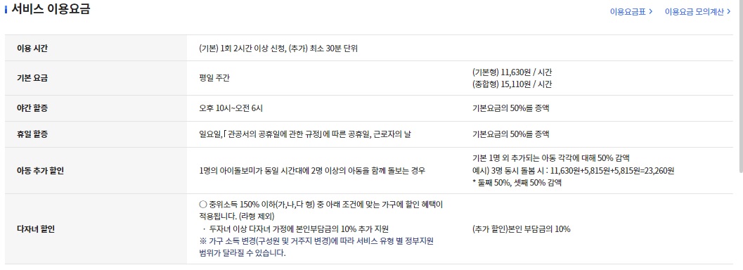 아이돌봄서비스 이용요금 이미지