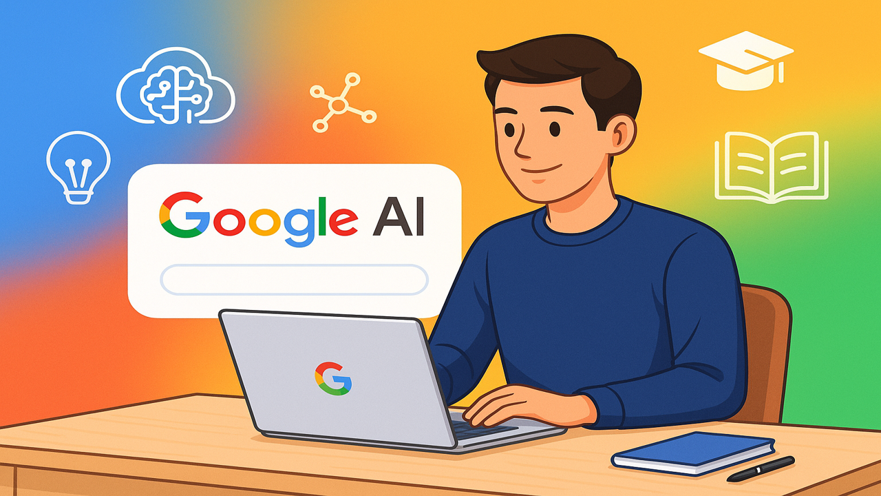 구글 AI를 사용하는 대학생이 노트북 앞에서 공부 중인 모습, 배경에는 구글 색상의 그라디언트와 교육 아이콘들이 배치됨