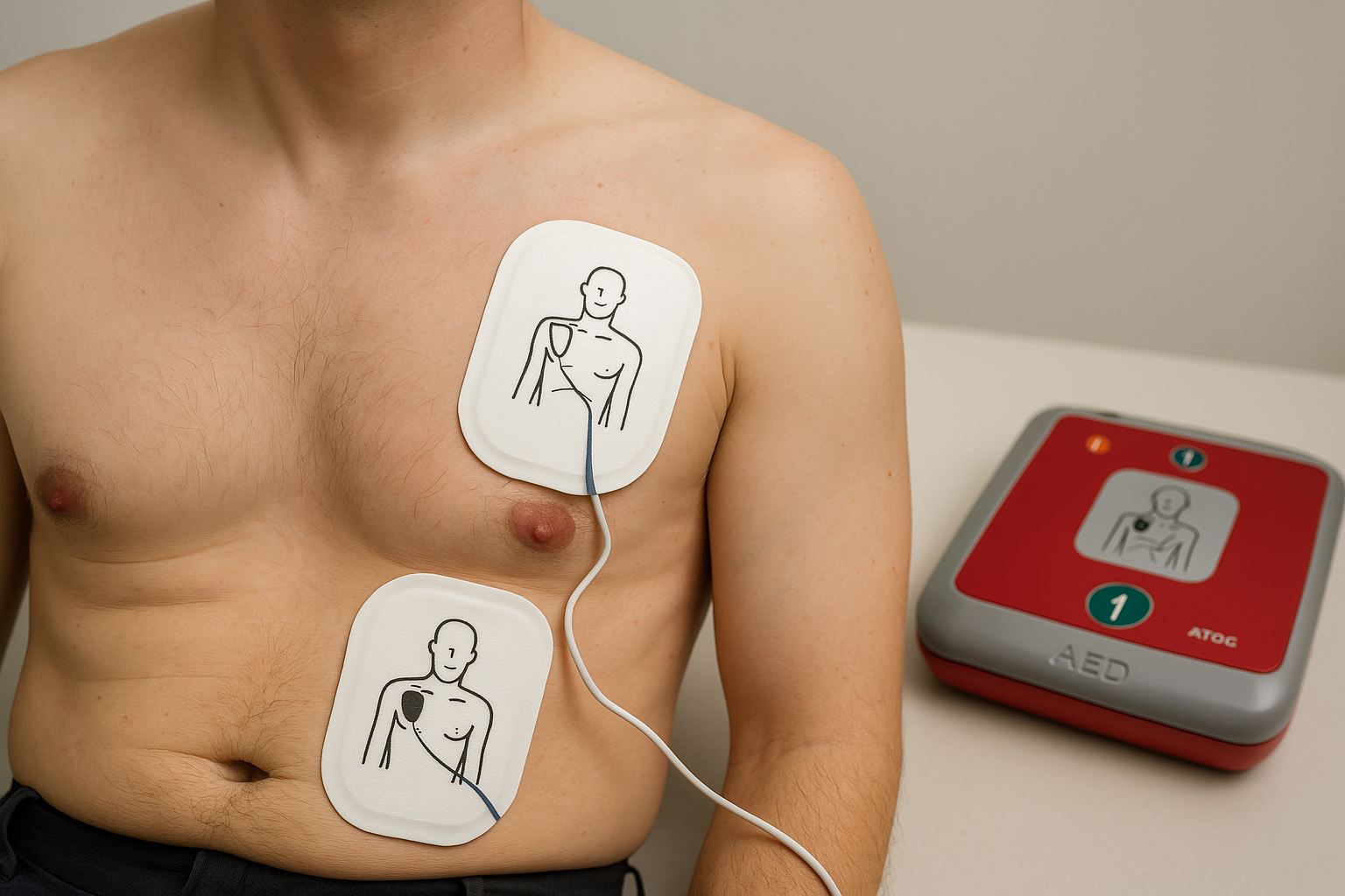 AED 패드 부착 위치(성인) 안내 — 오른쪽 쇄골 아래, 왼쪽 겨드랑이 아래