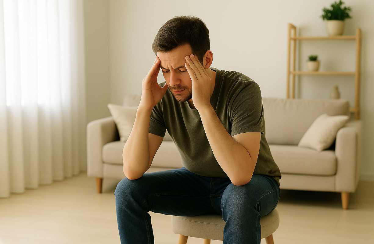 두통으로 머리를 잡고 앉아 있는 남성의 모습