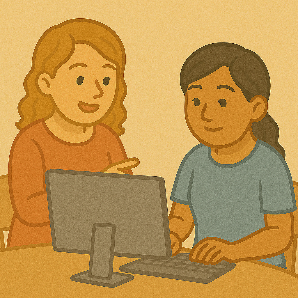 다문화가정 부모가 컴퓨터교육을 받고있다.