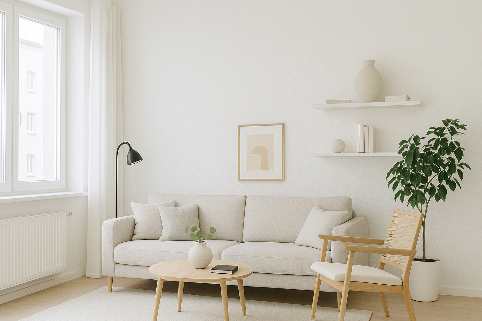 미니멀한 장식, 자연광, 따뜻한 우드 포인트가 어우러진 스칸디나비아 화이트톤 아파트 인테리어