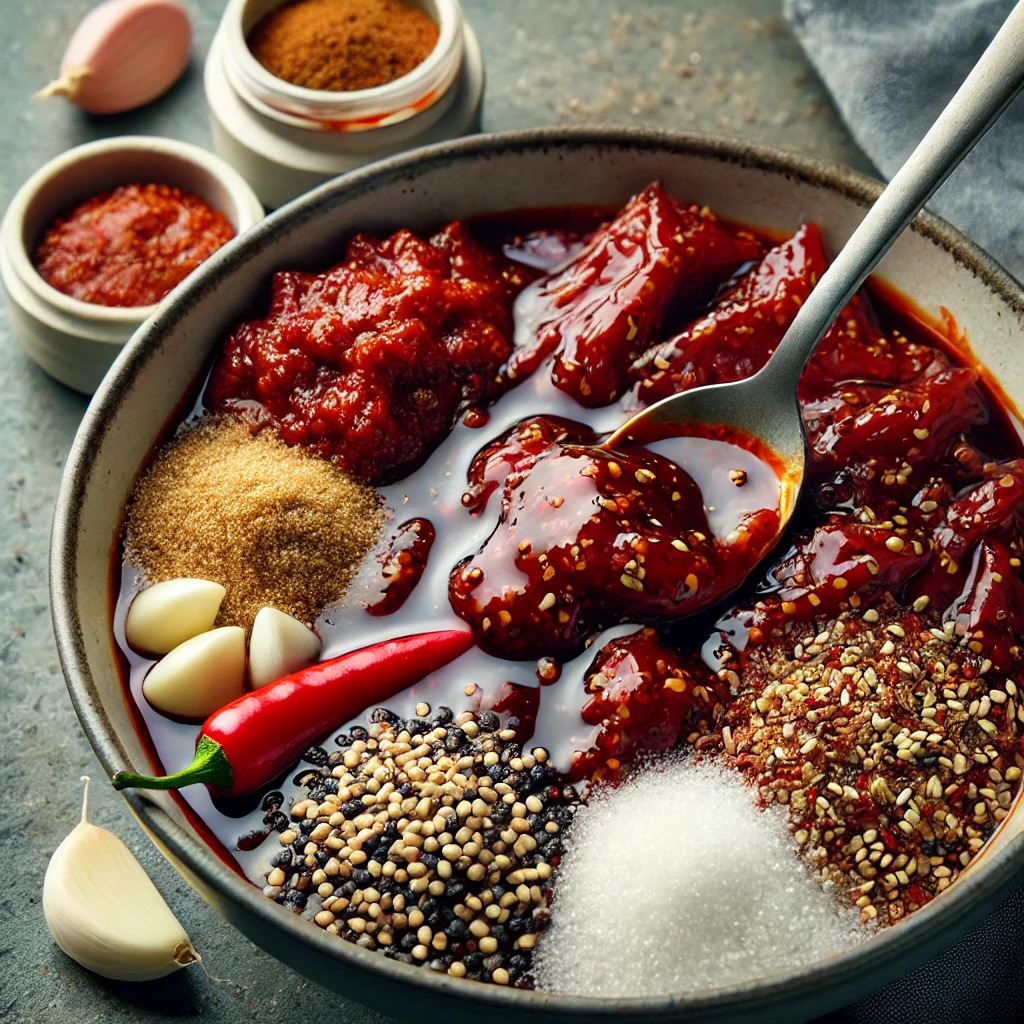 고춧가루, 고추장, 간장, 마늘, 설탕이 들어 있는 믹싱 볼에서 스푼으로 양념을 섞는 모습.