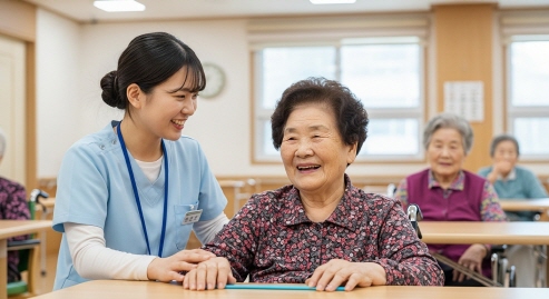 서로 웃으며 간병 중인 요양보호사와 어르신