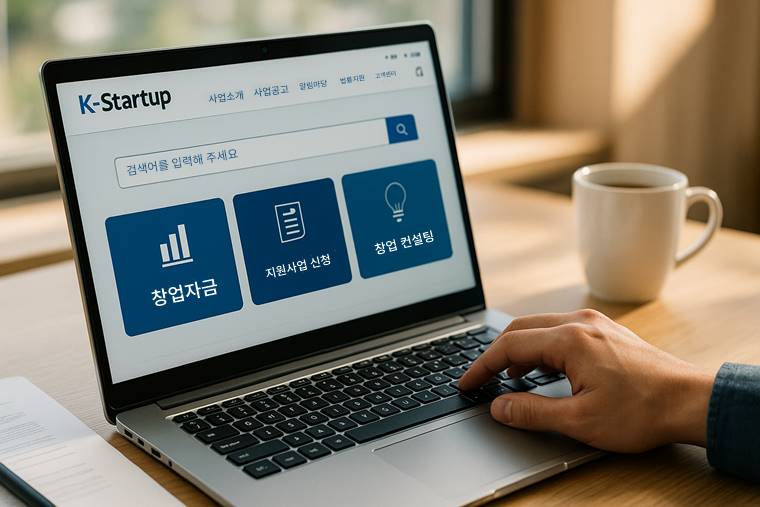 정부 창업 포털(K-Startup)에서 창업지원사업 정보를 확인 중인 클로즈업 화면