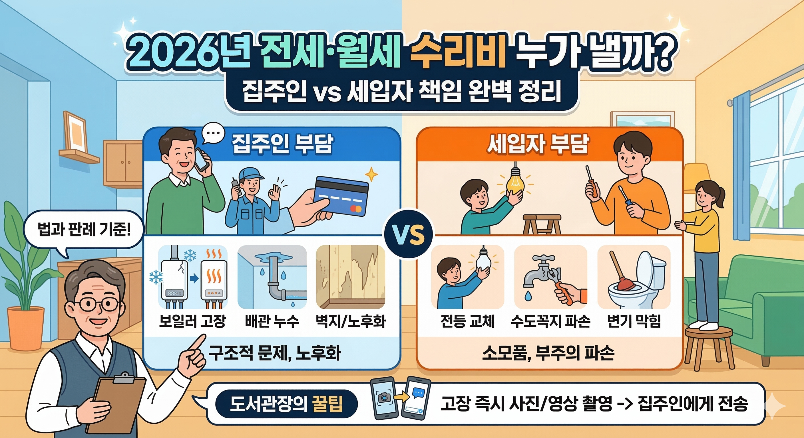 이 이미지는 '2026년 전세·월세 수리비 누가 낼까?'라는 주제로 집주인과 세입자의 수리비 책임 범위를 비교 설명하는 인포그래픽입니다. 상단에는 **"2026년 전세·월세 수리비 누가 낼까? 집주인 vs 세입자 책임 완벽 정리"**라는 제목이 적혀 있습니다.
이미지는 크게 '집주인 부담'과 '세입자 부담' 두 구역으로 나뉩니다.
집주인 부담 (파란색 섹션):
상단에는 웃으며 전화하는 집주인과 수리 기사, 결제 카드를 든 손이 그려져 있습니다.
주요 수리 항목으로 보일러 고장, 배관 누수, 벽지/노후화 아이콘이 나열되어 있습니다.
핵심 기준인 **'구조적 문제, 노후화'**와 **'법과 판례 기준!'**이라는 문구가 강조되어 있습니다.
세입자 부담 (주황색 섹션):
상단에는 전등을 갈거나 수리 도구를 든 세입자의 모습이 그려져 있습니다.
주요 수리 항목으로 전등 교체, 수도꼭지 파손, 변기 막힘 아이콘이 나열되어 있습니다.
핵심 기준인 **'소모품, 부주의 파손'**이라는 문구가 적혀 있습니다.
하단 안내 및 꿀팁:
왼쪽 하단에는 안경을 쓴 가이드('도서관장')가 "도서관장의 꿀팁"을 가리키고 있습니다.
스마트폰 카메라와 메시지 아이콘을 통해 **"고장 즉시 사진/영상 촬영 -> 집주인에게 전송"**하라는 실전 대처법을 안내합니다.
이미지 전체적으로 거실 배경의 깔끔한 일러스트를 사용해, 어떤 상황에서 누가 수리비를 부담해야 하는지 한눈에 쉽게 이해할 수 있도록 구성되었습니다.