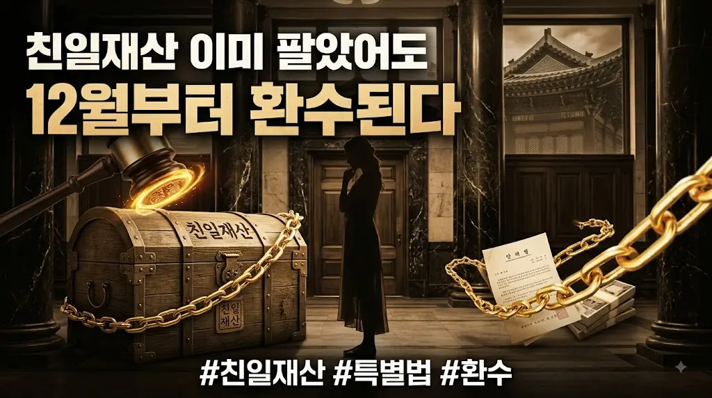 빛바랜 옛 토지문서와 도장이 겹쳐진 콜라주, 무게감 있는 시사 다큐 분위기