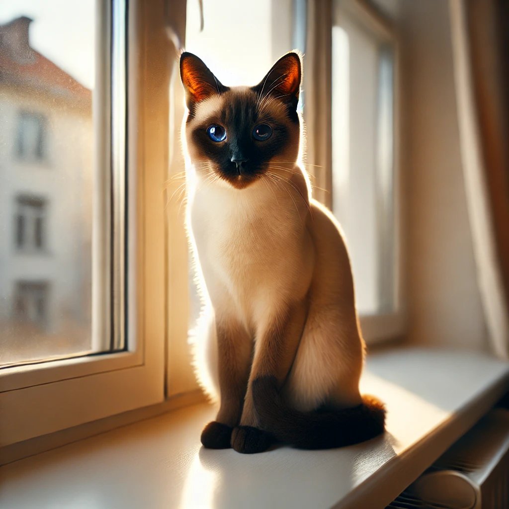 샴 고양이가 실내 창틀 위에 앉아 있으며, 크림색 털과 어두운 포인트 무늬, 파란 눈이 특징인 고양이.