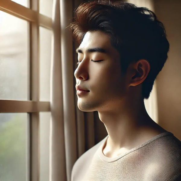 창가에서 눈을 감고 심호흡하며 마음을 가라앉히는 동양인 남성의 회복 장면
