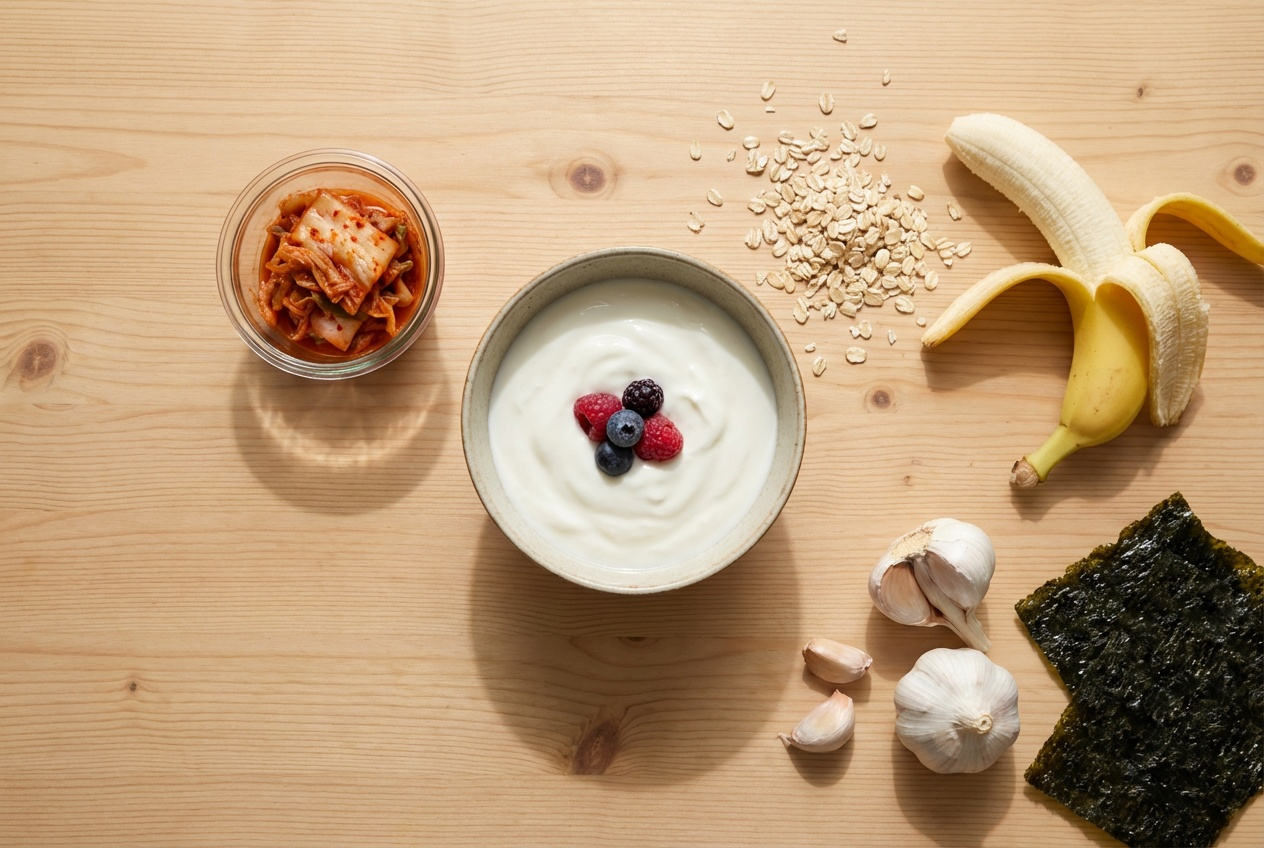 요거트, 김치, 귀리, 바나나가 함께 놓인 식탁, 프로바이오틱스와 프리바이오틱스 조합을 나타내는 건강한 식단