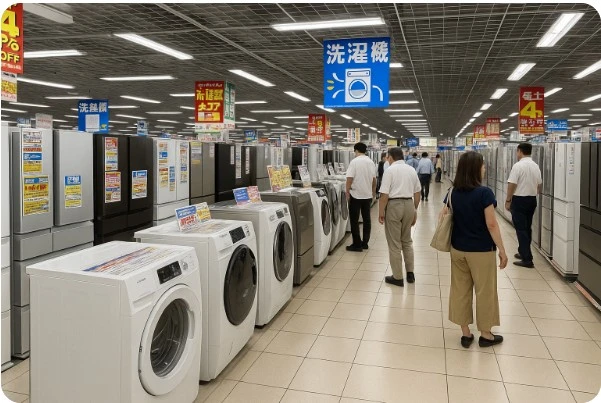 일본 가전 매장에서 냉장고와 세탁기를 둘러보는 소비자들