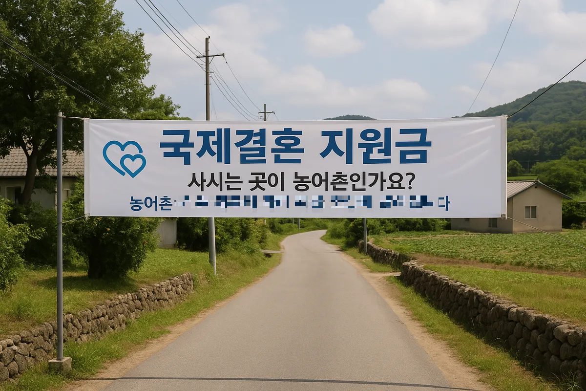 국제결혼 지원금에 대한 현수막이 농어촌에 걸려있는 모습
