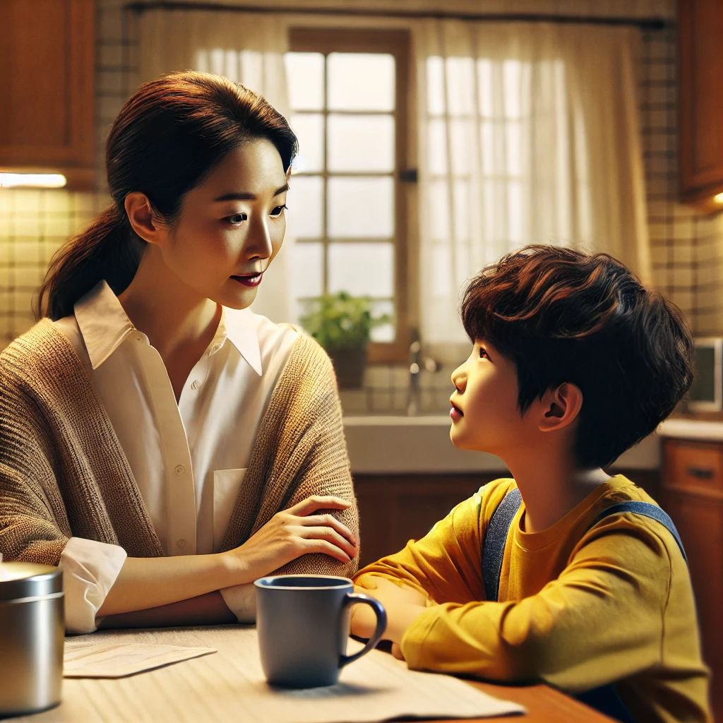 부모가 주방 테이블에서 아이의 감정을 공감하며 따뜻하게 경청하는 모습. 테이블에는 차 한 잔이 놓여 있고, 지지와 이해의 분위기가 가득함