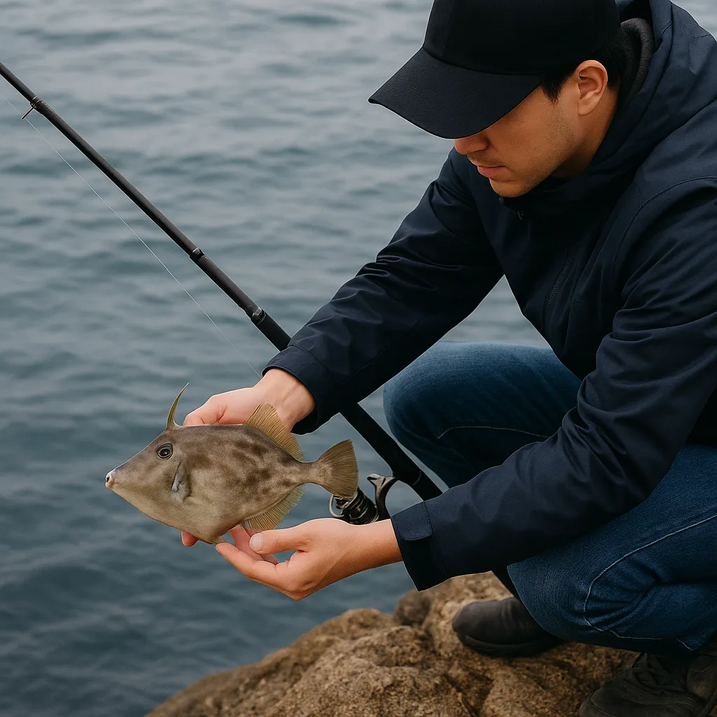 갯바위에서 말쥐치를 방생하는 낚시꾼