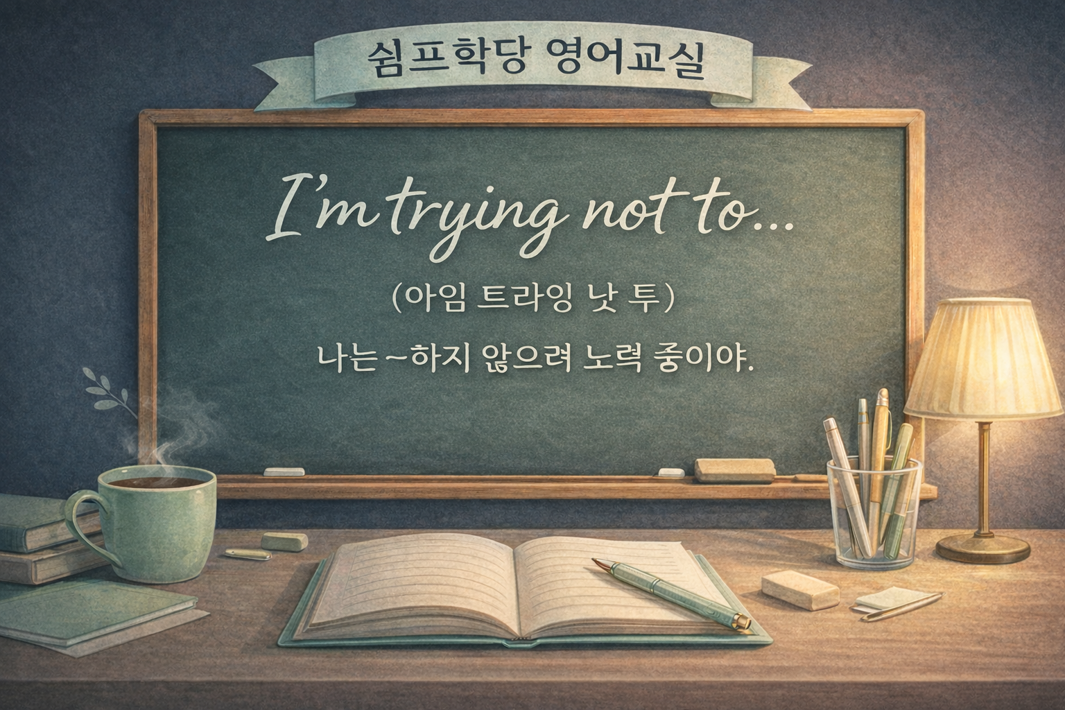 쉼프학당 영어교실 칠판 템플릿에 &ldquo;I&rsquo;m trying not to&hellip;&rdquo; 문구와 발음, 뜻이 3단으로 배치된 실전 회화