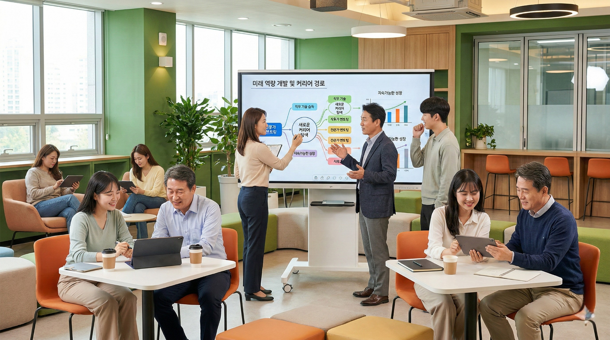 현대적인 학습 공간에서 다양한 성인들이 디지털 기기를 활용하여 협력 학습에 참여하는 모습.