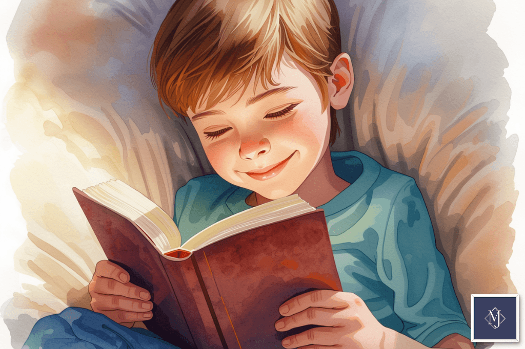 a kid who's reading books very happily