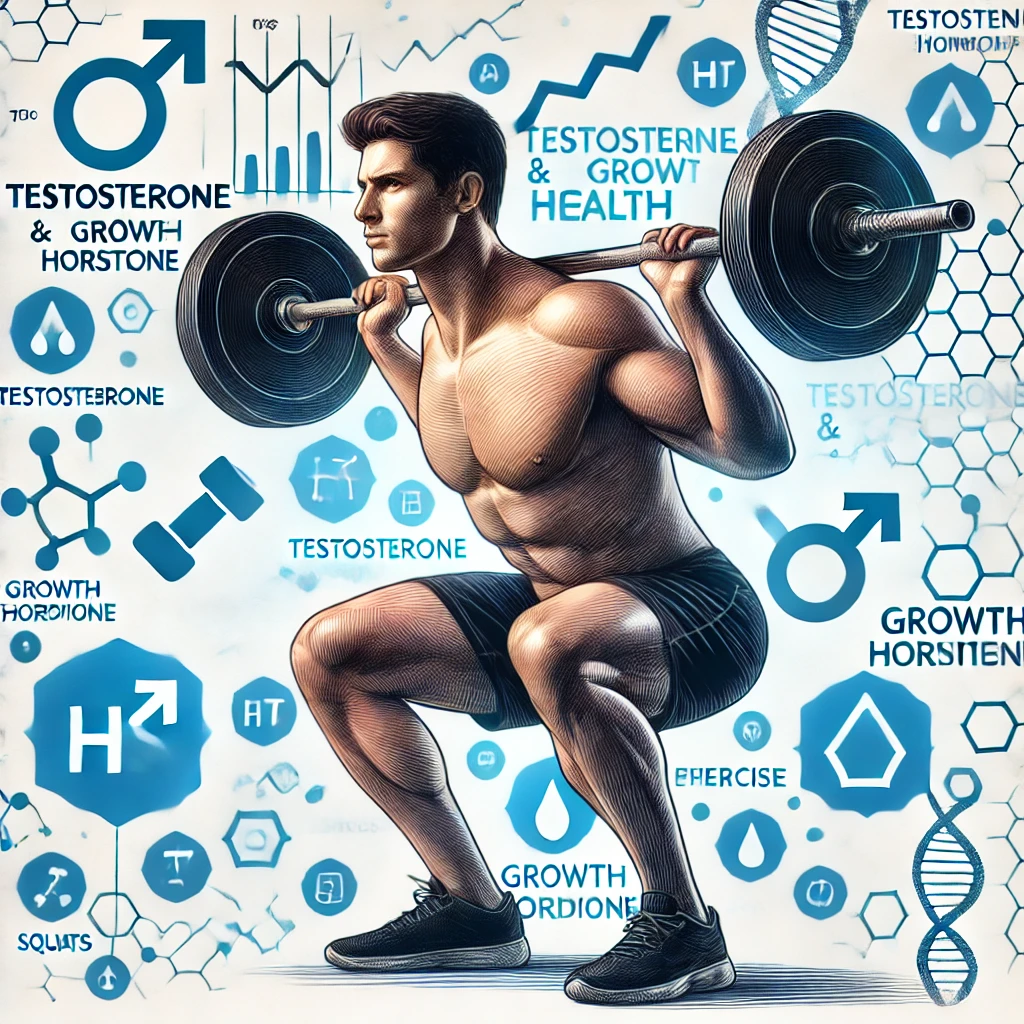 "남성 호르몬을 활성화하는 운동 루틴을 보여주는 스쿼트 일러스트 – 테스토스테론 강화"
