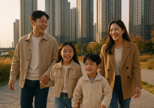 전주 도심에서 산책하는 4인가족 모습