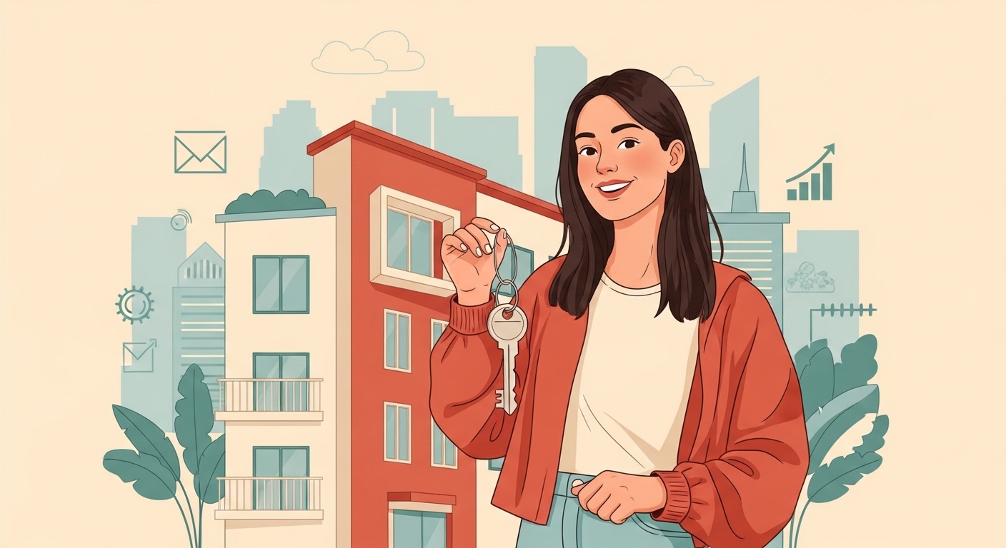 안정적인 새집 열쇠를 들고 밝게 웃는 청년의 모습. 청년 주거지원 정책으로 주거 부담을 덜고 행복한 미래를 계획하는 상징적인 이미지.