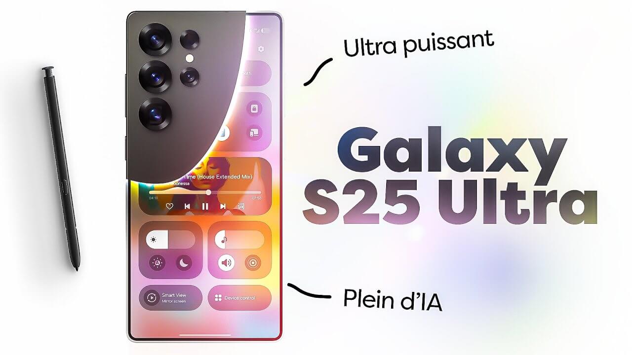 Galaxy S25 Ultra" 홍보 이미지. 화면에는 밝고 컬러풀한 사용자 인터페이스가 표시된 스마트폰이 있으며, 좌측에는 S펜이 배치되어 있음. "Ultra puissant"와 "Plein d’IA"라는 프랑스어 문구로 강력한 성능과 인공지능 기능을 강조하고 있음