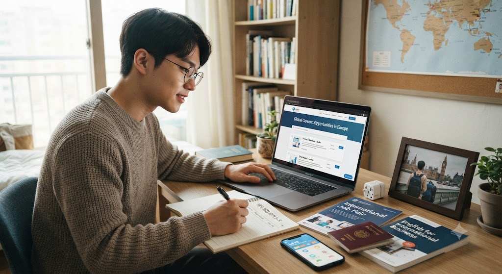해외 취업을 희망하는 청년이 공부하는 모습