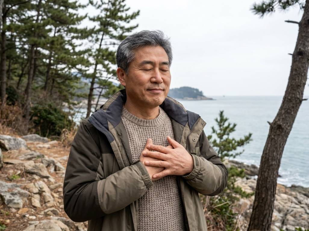 눈을 감고 두 손을 가슴에 얹은 중년 남성이 깊게 호흡하는 모습
