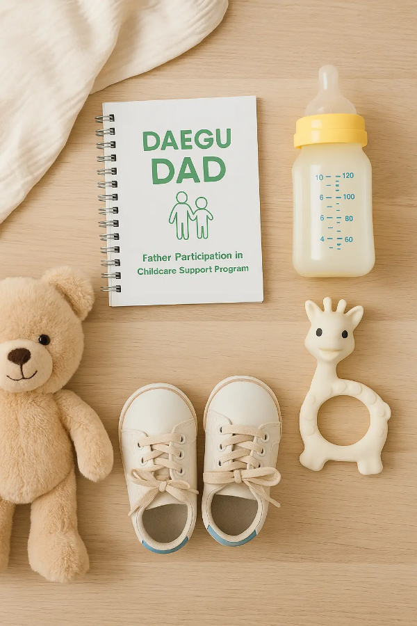 ‘DAEGU DAD’ 안내 북, 아기용 젖병, 신발, 치발기, 곰인형 등이 나무 테이블 위에 정돈된 구성으로 배치된 육아 사물 중심 이미지, 텍스트 없음