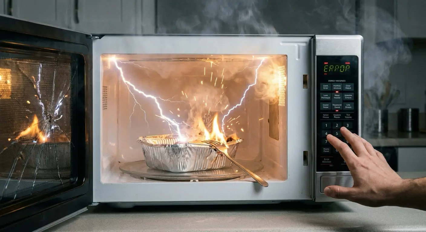 전자레인지 안에 금속 용기를 넣은 모습