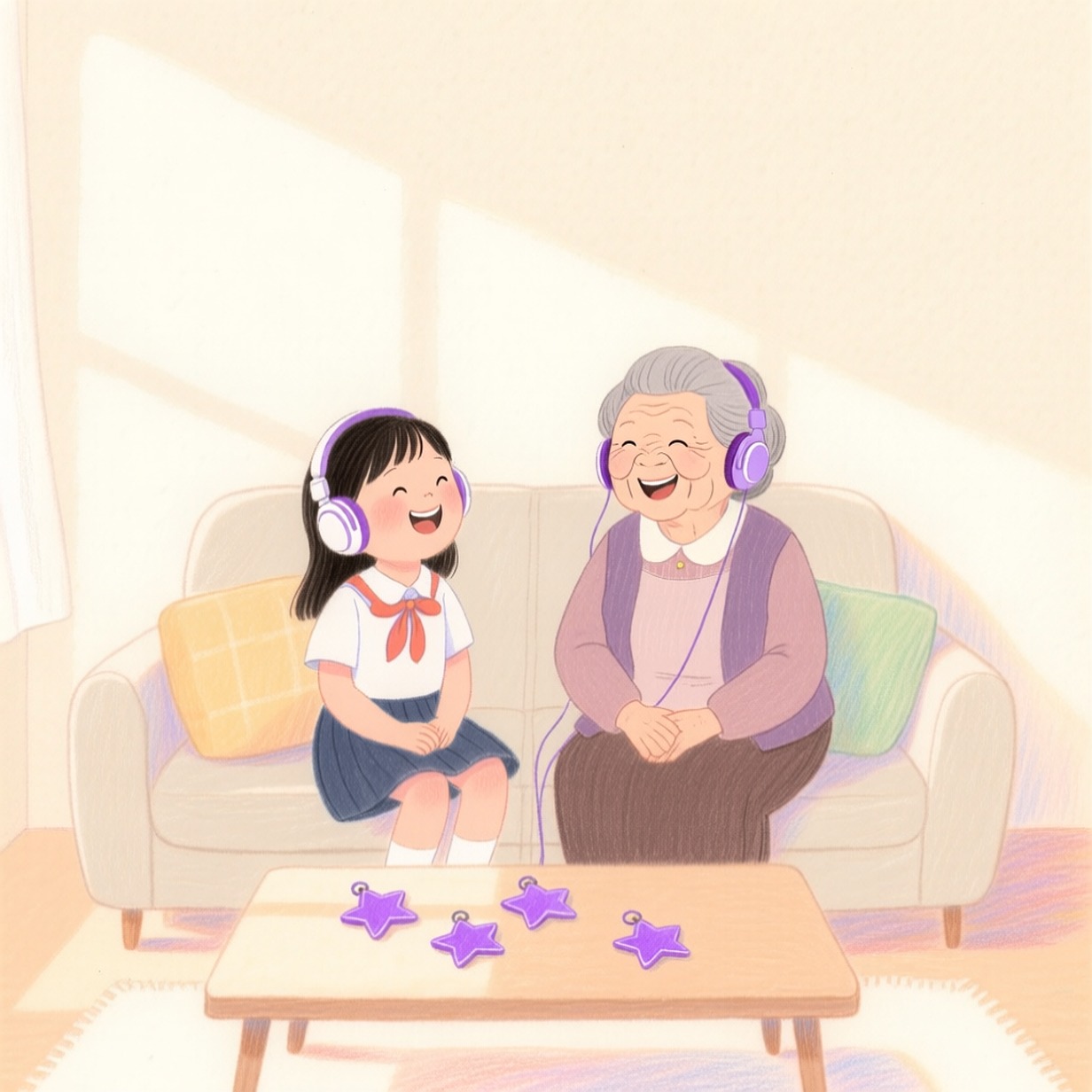 세윤과 세미 할머니가 소파에서 이어폰을 나눠 끼고 웃는 모습을 상상해 그린 로컬 AI 삽화