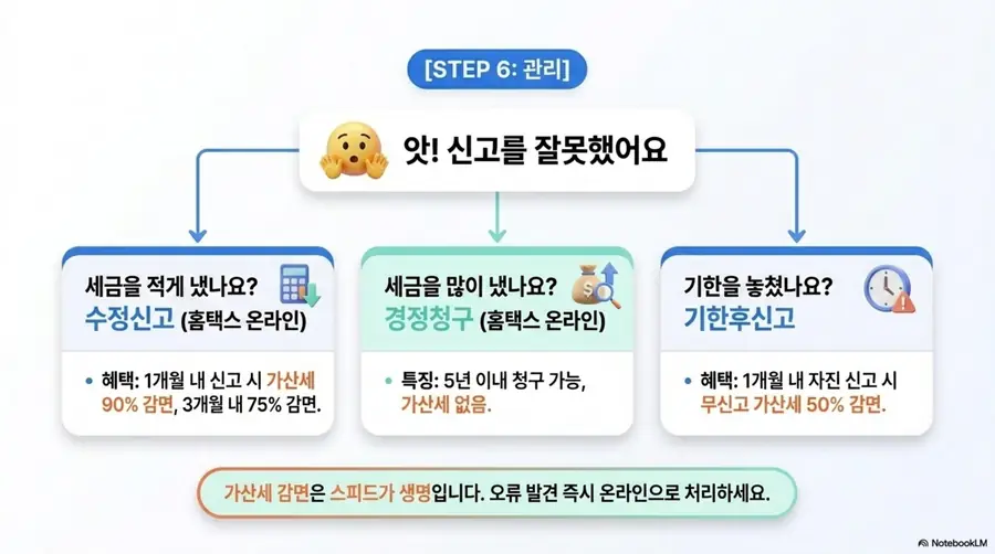 홈택스 부가세 신고 오류 시 수정신고와 경정청구 그리고 기한후신고 비교 이미지. 세금을 적게 냈으면 수정신고로 1개월 내 가산세 90퍼센트 감면이 적용되고 세금을 많이 냈으면 경정청구로 5년 이내에 가산세 없이 청구 가능하며 기한을 넘겼으면 기한후신고로 1개월 내 자진 신고 시 무신고 가산세 50퍼센트 감면이 적용된다는 내용을 설명함 
