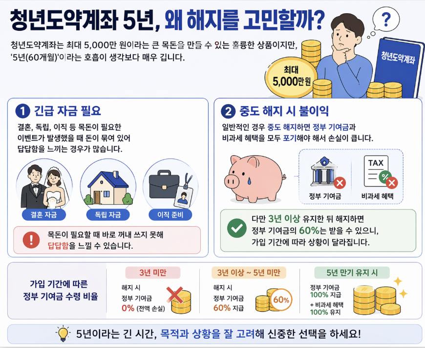 청년도약계좌 중도 해지 불이익 및 3년 유지 혜택: 3년 이상 가입 시 정부기여금 60% 지급 및 비과세 혜택 안내