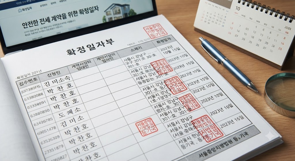 안전한 전세 계약을 위한 확정일자부 서류와 캘린더, 관련 법적 절차를 비교하기 쉽게 보여주는 예시 화면