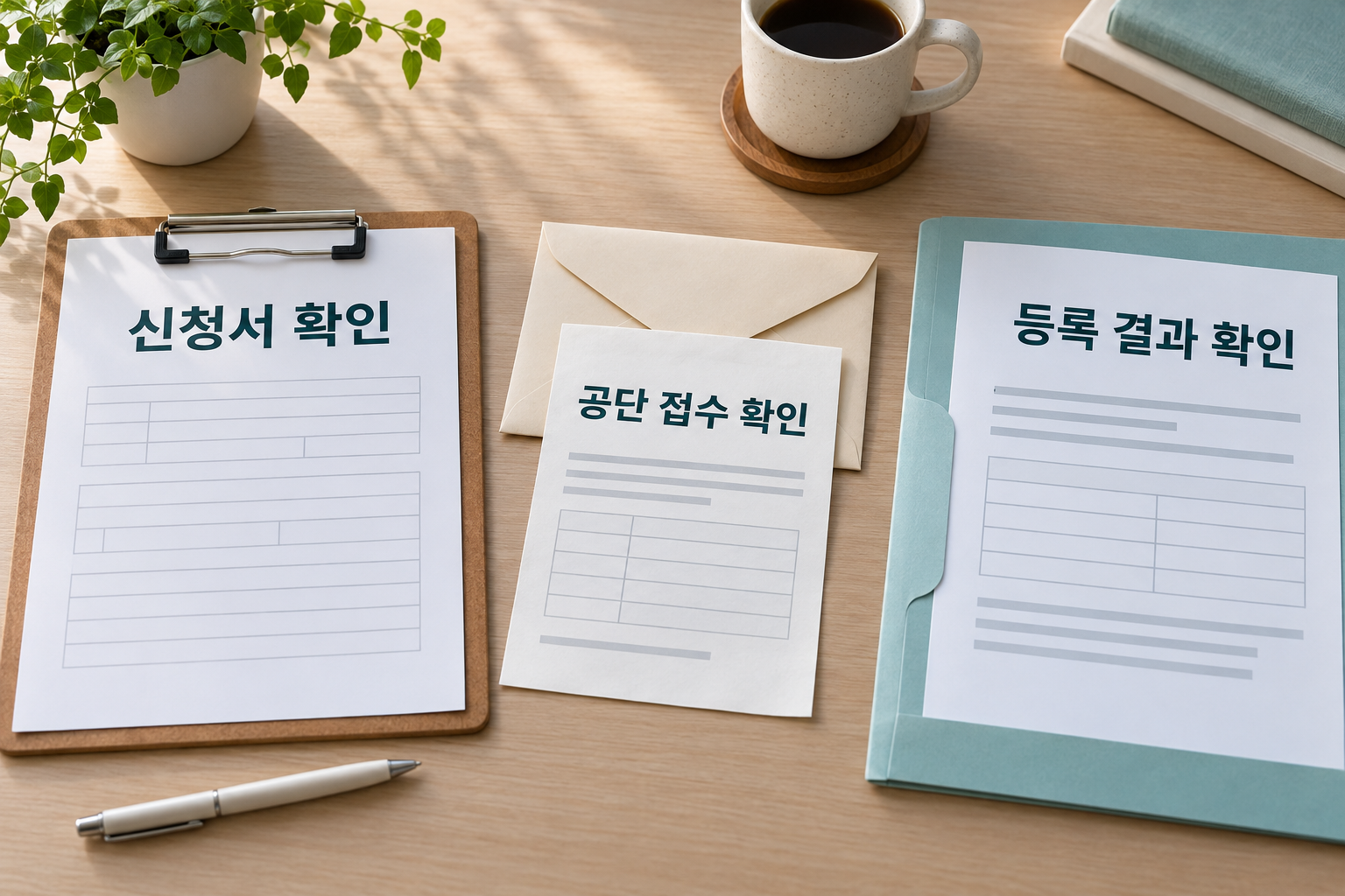 신청서 클립보드와 접수 봉투, 등록 결과 폴더를 구분해 놓은 책상
