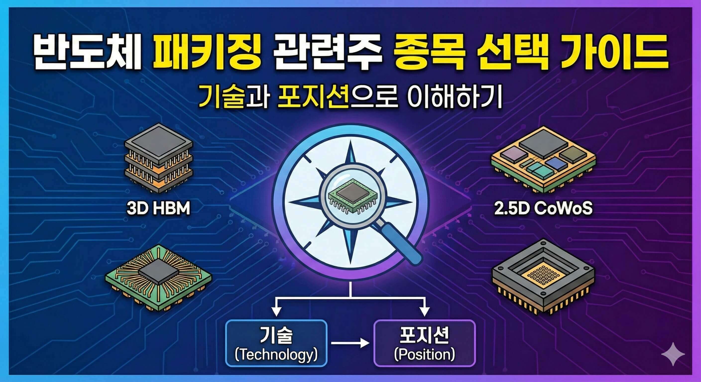 반도체 패키징 관련주 투자 가이드 썸네일 (3D HBM 및 2.5D CoWoS 구조도 포함)