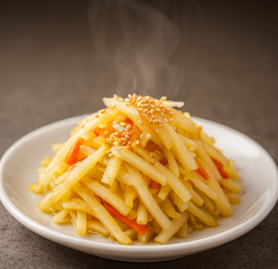 접시에 맛있는 감자 볶음이 담겨 있는 모습