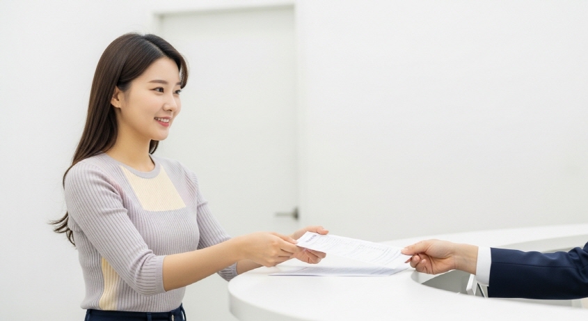 카운터에서 서류 제출하는 여성