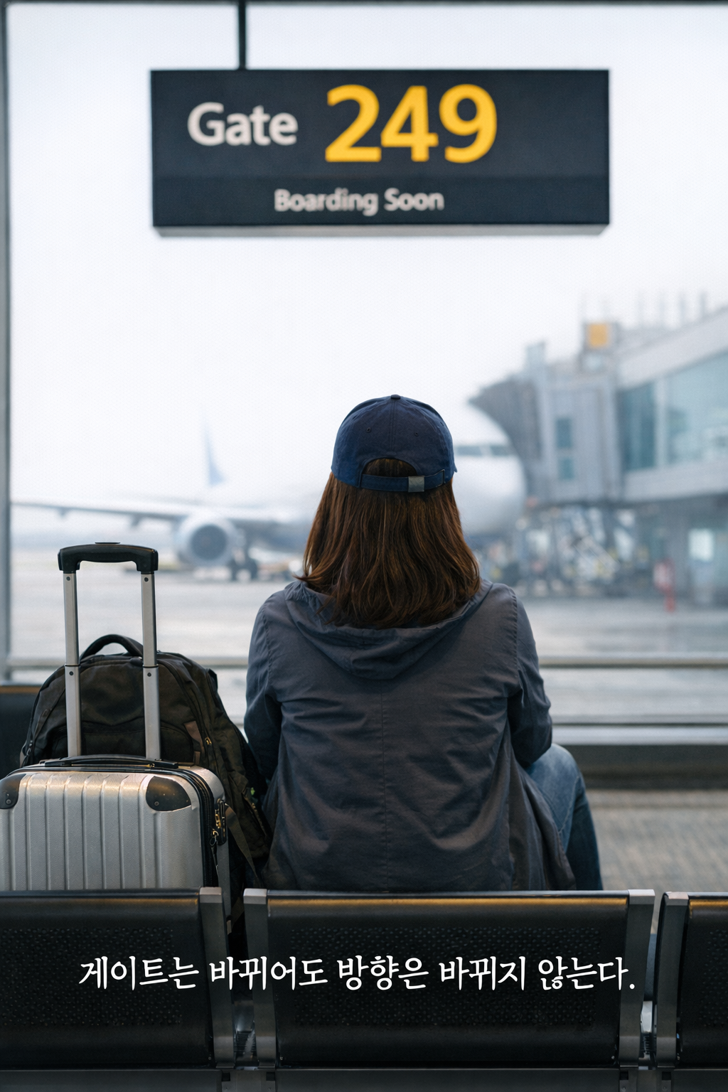 인천공항 탑승구 앞에서 캐리어를 옆에 두고 앉아 있는 여행자의 뒷모습