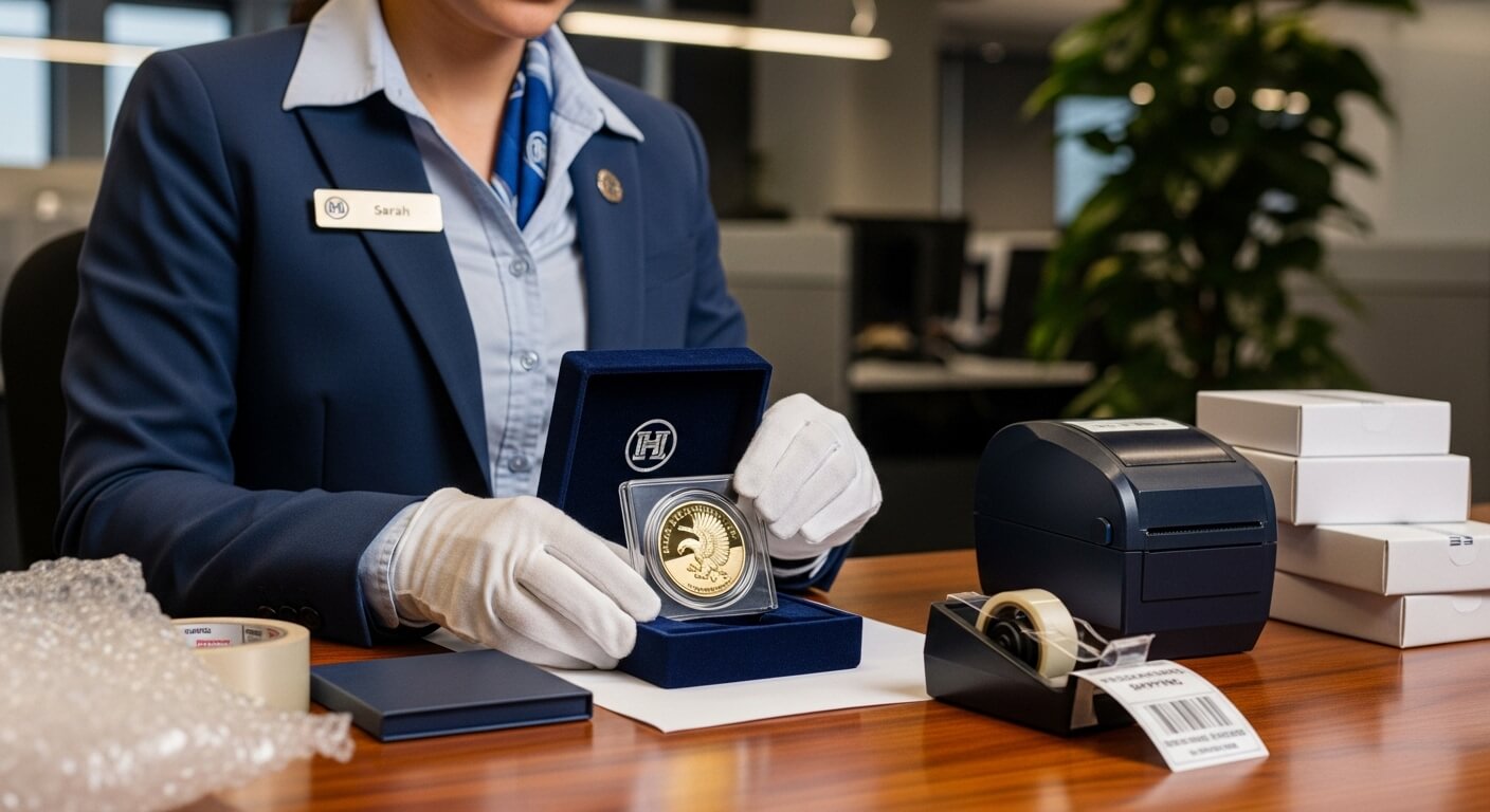 장갑을 낀 직원이 금색 기념주화를 케이스에 담아 포장 준비하는 장면
