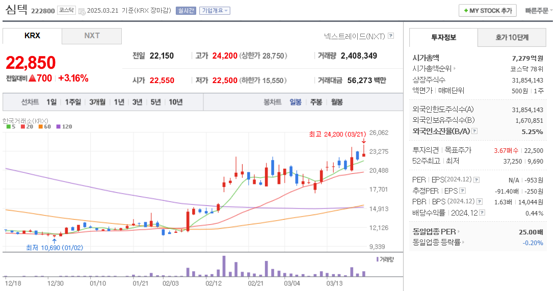 SOCAMM 관련주 심텍 주가 차트