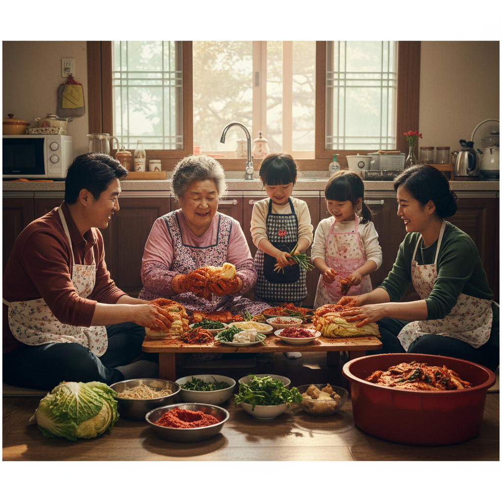 가족이 함께 김장을 담그는 따뜻한 풍경