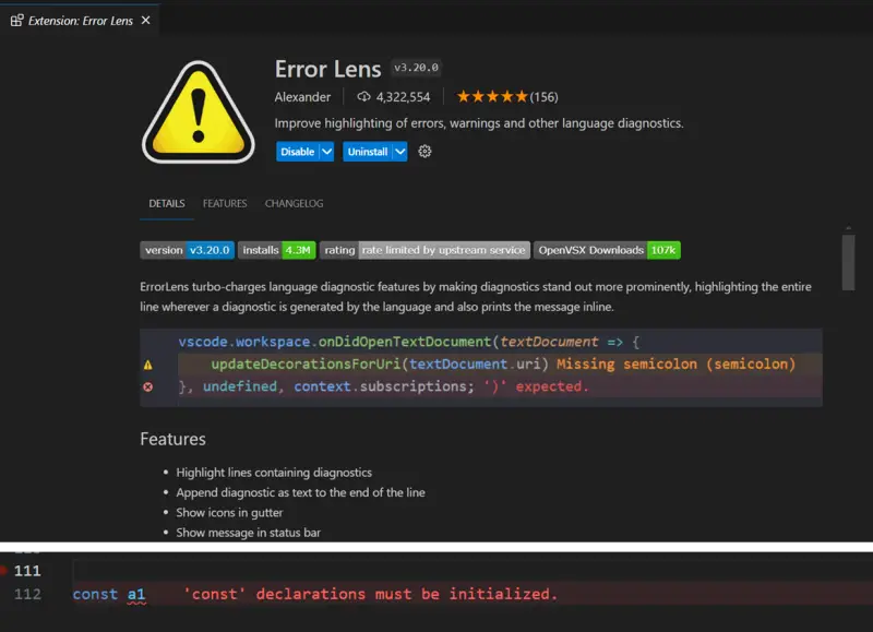 Error Lens 확장프로그램