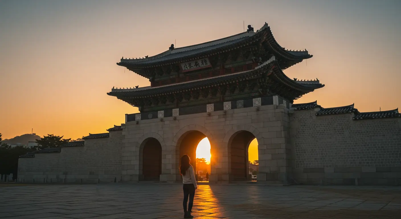 해질녘 서울 광화문을 한 사람이 사색에 잠겨 올려다보는 실루엣을 담은 극적인 사진. 한국사의 깊이를 상징함