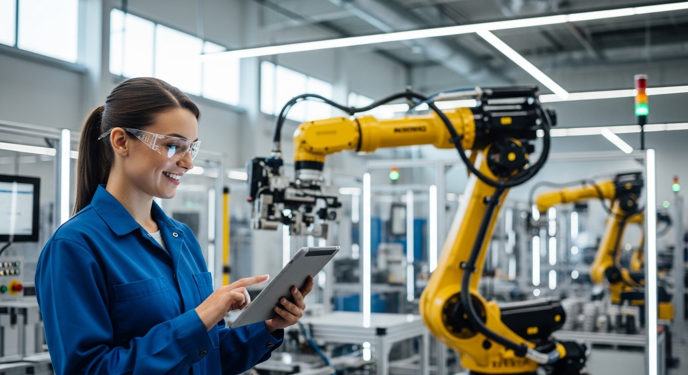 Bright photo of a worker in a smart factory controlling a robotic arm with a tablet and collaborating with a smile.