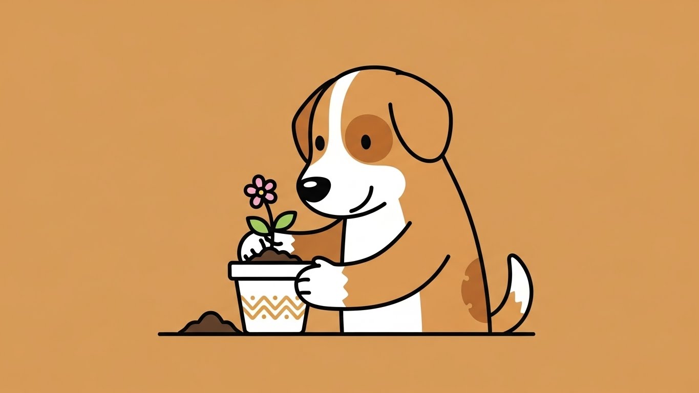 작은 꽃 모종을 정성스럽게 심고 있는 다정한 개 캐릭터의 2D 플랫 벡터 일러스트