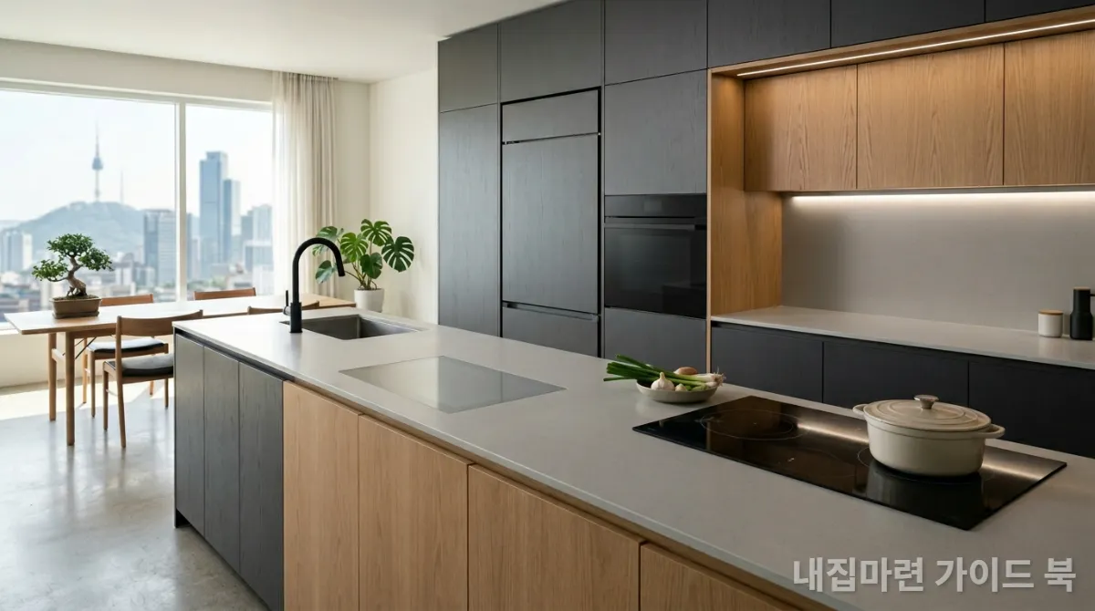 숨겨진 기술이 적용되어 깔끔하고 효율적인 한국형 스마트 키친 인테리어
