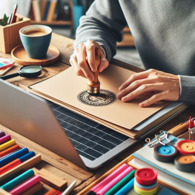 노트북 위 서류에 도장을 찍는 손