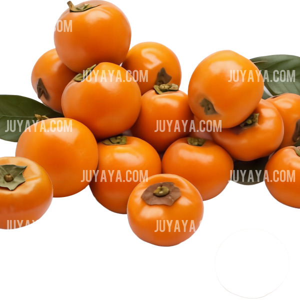 녹색 잎과 함께 쌓여 있는 감의 무리. 비타민 A와 C가 풍부한 달콤한 겨울 간식.