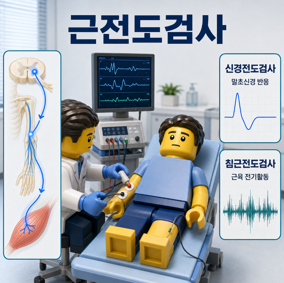 근전도검사와 신경전도검사·침근전도검사의 관계를 설명하는 의료 인포그래픽