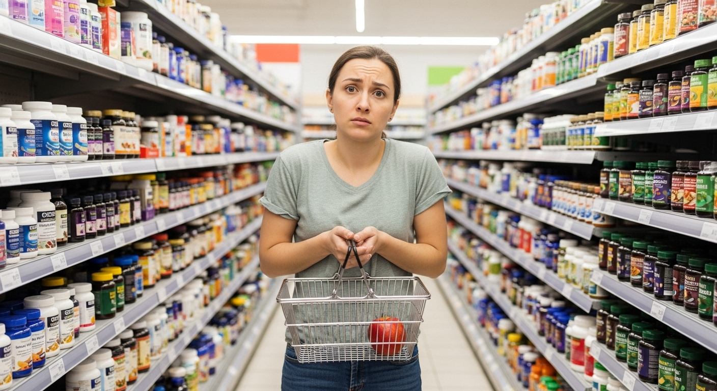 마트 건강식품 코너에서 수많은 영양제 앞에서 혼란스러워하는 사람의 모습.